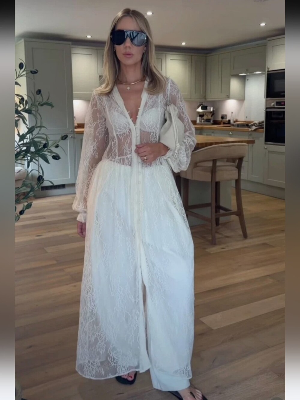 NWT Zara ZW Collection Maxi Long Lace Dress Duster Oyster White S